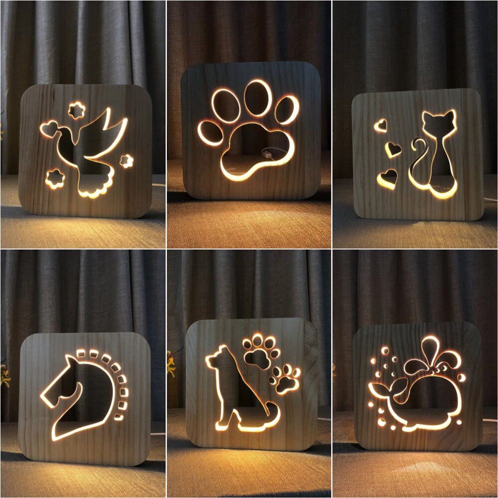 창의적 3D USB 야간 램프 나무 LED 개 발 늑대 머리 동물 책상 아이 따뜻한 빛, 침실 침대 옆 선물 장식 테이블 램프